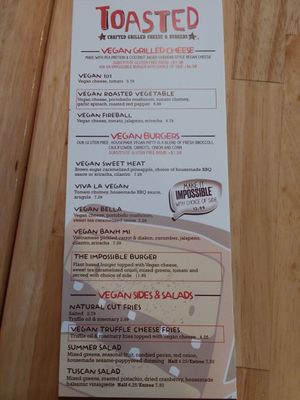 Printed menu of vegan options at Toasted in Windermere