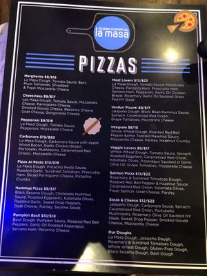 Menu at La Masa Pizzería Conceptual in San Juan
