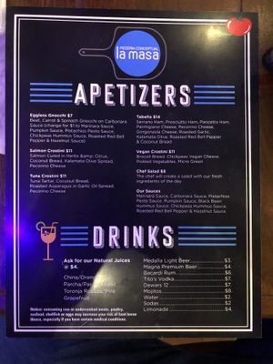 Menu at La Masa Pizzería Conceptual in San Juan