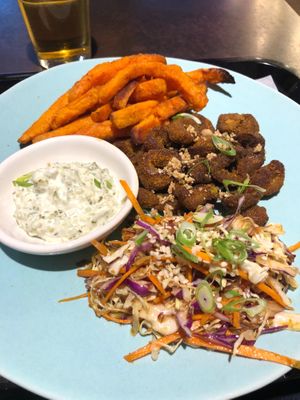 The Calamari & Slaw meal. Sweet potato fried with mushroom calamari and a tar tar sauce. Served with Asian style slaw. at Bamboo Plant Power in Cape Town