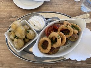 Bean patties, potatoes and onion rings  at Bodilles Kro in Skagen
