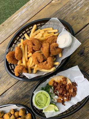 Fried mock shrimp and street Tacos at Korny Vibes in Houston