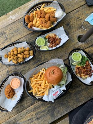 Everything we got and fried chik’n in bottom left corner.  at Korny Vibes in Houston