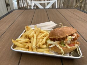 Buffalo chikn sandwich + fries for 11.00 at Korny Vibes in Houston