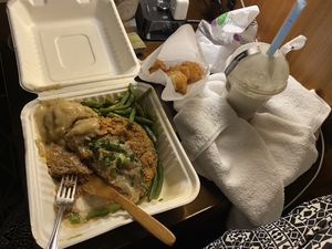 My meal— eating it lazily on my nightstand at my hotel    at Korny Vibes in Houston