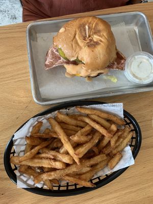 Korny burger with fries  at Korny Vibes in Houston