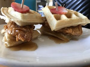 Chikn n waffles? Dunno, my sister ordered the hot honee chikn biscuit and got this lol  at Korny Vibes in Houston