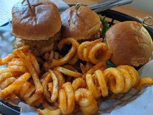 Slider trio - spicy chick'n, buffalo chick'n, beyond burger sliders with curly fries at Korny Vibes in Houston