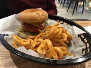 Buffalo chicken burger at Korny Vibes in Houston