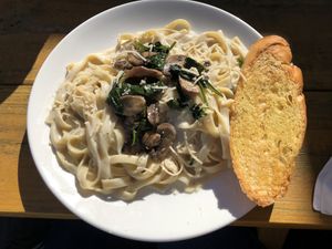 Fettuccini Alfredo with mushrooms. Best vegan alfredo I’ve had; so delicious! at Korny Vibes in Houston