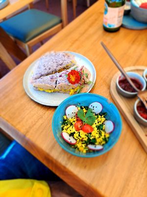 Tofo scramble and some type of melt sandwich at Cajui in Sao Paulo