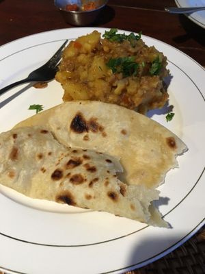 Aloo Amrita (potatoes with spices, herbs and chapati bread). Delicious! at Segara Lestari in Tejakula