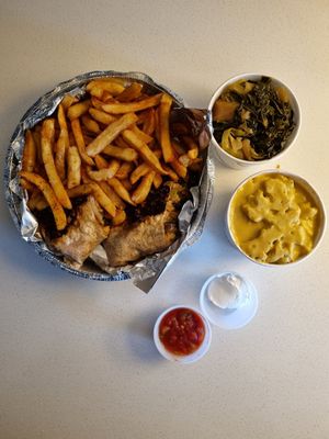 Big boy steak burrito, mac & cheese, kale and cabbage at Vegans of Seitan in City Of Orange