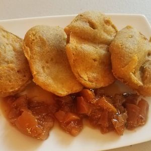 baiganee with peach chutney and peach kuchela at Sound & Savor in Oakland