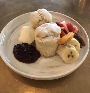 Vegan scones with vegan butter, jam and assorted fruits at Chye Seng Huat Hardware 再成發五金 in Central Singapore