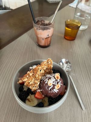 mixed fruits granola with acai & iced chocolate with oat milk at Chye Seng Huat Hardware 再成發五金 in Central Singapore