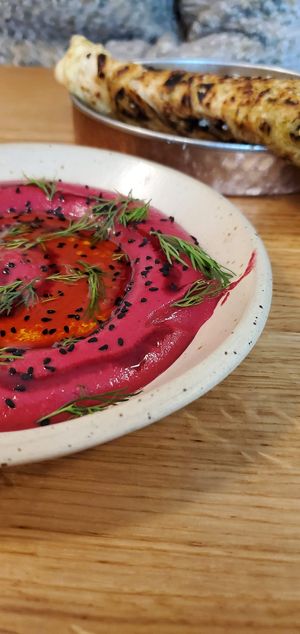 beetroot borani (second best) served with bread at Bubala - Spitalfields in East London