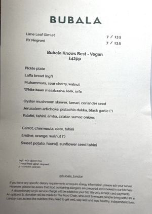 Menu   at Bubala - Spitalfields in East London