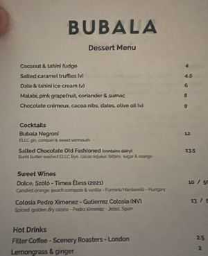 Dessert menu   at Bubala - Spitalfields in East London