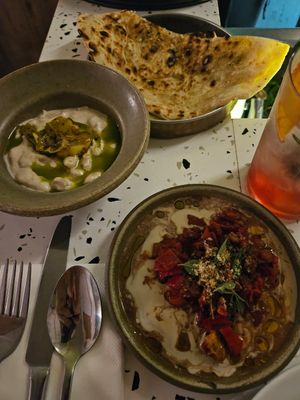 Laffa, muhammara & white beans at Bubala - Spitalfields in East London