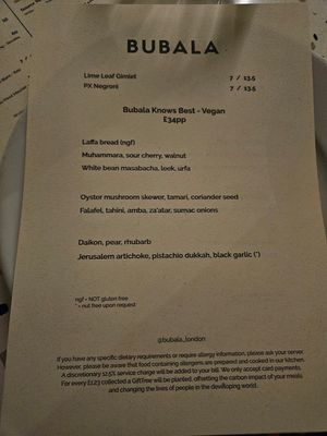Menu proposal at Bubala - Spitalfields in East London