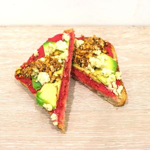 Avo, hummus, avocado, dukkah & 'feta' at Jumi's Cafe in South Yarra
