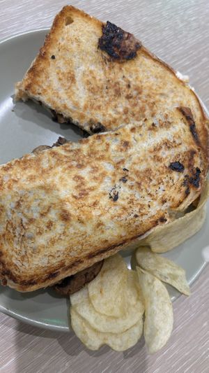 Mushroom toastie. Delicious!  at Jumi's Cafe in South Yarra