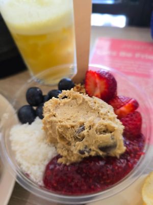 Acai bowl with berry and cookie dough at Jumi's Cafe in South Yarra