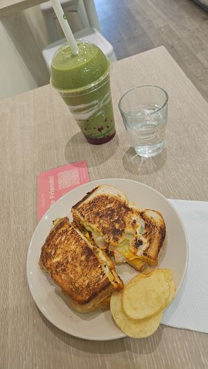 Crispy chicken toast + Green Protein smoothie at Jumi's Cafe in South Yarra