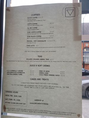 Drinks menu at Groundstate Coffee in Dublin