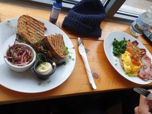 Vegan ricotta mushroom toastie & saucy scrambled eggs (not vegan) at Groundstate Coffee in Dublin