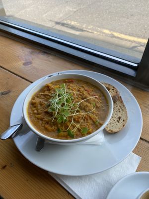 Lentil dal with bread  at Groundstate Coffee in Dublin