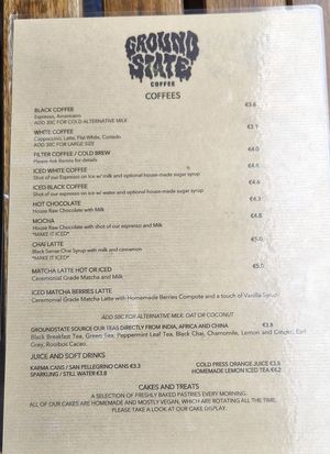 Menu as of April 2026 at Groundstate Coffee in Dublin