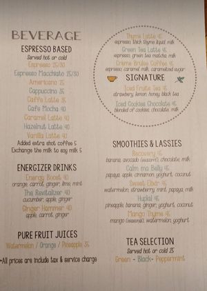 Drinks menu at Coffee & Thyme in Ubud