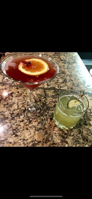 Cocktail specials. The “forbidden sour” pomegranate liqueur, sour mash whiskey, lemon juice, cane syrup with sparkling wine on top. Epic margarita with cucumber shrub and tequi at La Locanda Ristorante Italiano in Scottsdale