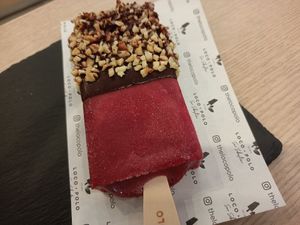 Cherry popsicle + dark chocolate + hazelnuts at Loco Polo in Sevilla