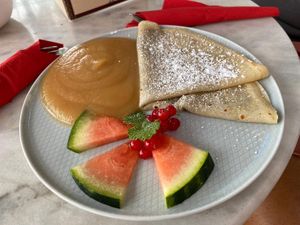 Vegan crepe with cinnamon, sugar and applesauce at Café Bohemia in Pirna