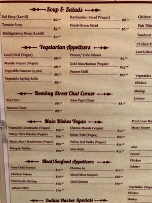 Vegan menu at Tikka Bar in Key West