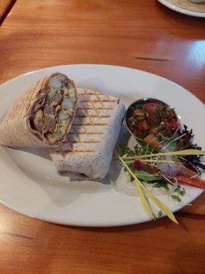 Vegan breakfast burritos with Chao cheeze, just eggs, impossible sausage at Beach Street Kitchen in Yachats