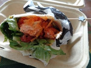 Buffalo Chick’n Wrap. Chick'n tenders in a Buffalo sauce, cheddar cheese, lettuce, tomato, and ranch in a flour tortilla. Vegan. at Birch Cafe in Highland Heights