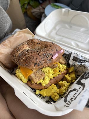 Sausage, bacon, egg & cheese on everything bagel  at Birch Cafe in Highland Heights