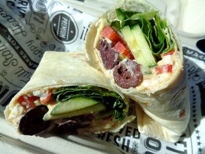 Greek Wrap. Hummus, spinach, cucumbers, red or yellow peppers, olives, and vegan feta. at Birch Cafe in Highland Heights