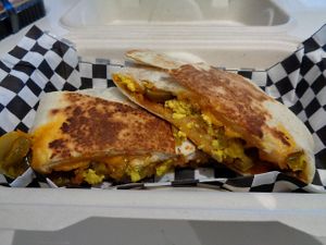 Nacho Crunchwrap special.  Hash brown, tofu eggz, salsa, and pickled jalapenos inside the flour tortilla wrap. For those who like it spicy. at Birch Cafe in Highland Heights