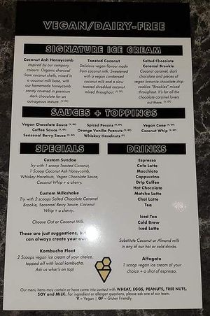 Dandy's vegan menu, gluten-free options labelled as well at Dandy's Artisan Ice Cream in Regina