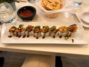 Sushi not served with wasabi. Possibly because the sauce on the sushi was overly sweet. I don’t like sweet sushi.   at The Village in San Diego