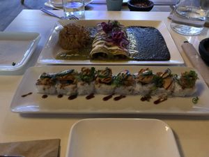 Enchiladas Verdes (top) and Tuna Roll (bottom) at The Village in San Diego