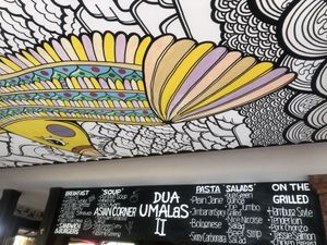 Ceiling and some items on the menu at Dua Umalas in Kuta