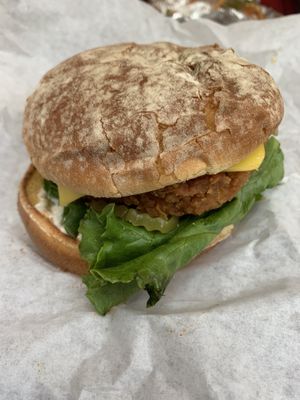Crispy chicken burger with violife cheese  at Loving Hut in Redlands