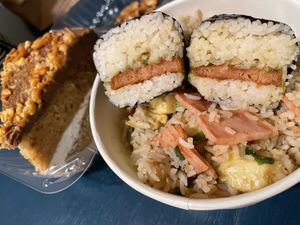 Vegan Bacon & Egg fried rices with vegan Spam Musubi with one of the amazing cakes I can’t remember which one it was this time😉 at Loving Hut in Redlands