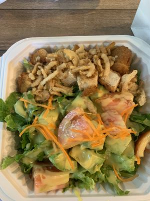 Crispy joy chick’n salad with vegan honey mustard dressing   at Loving Hut in Redlands